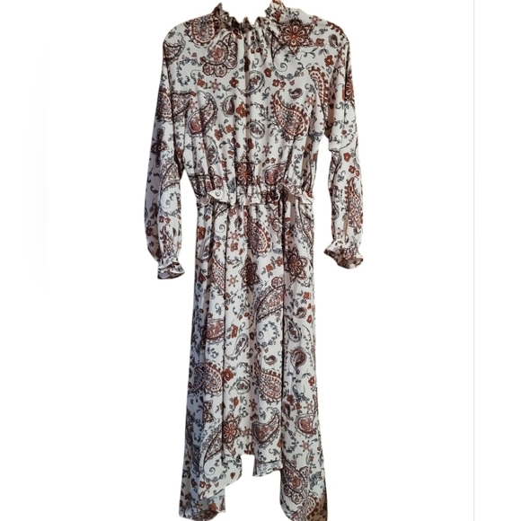 Banana Republic V-Neck Tie Ruffled Long Sleeve Paisley Peasant Midi Dress 8 - Picture 2 of 10